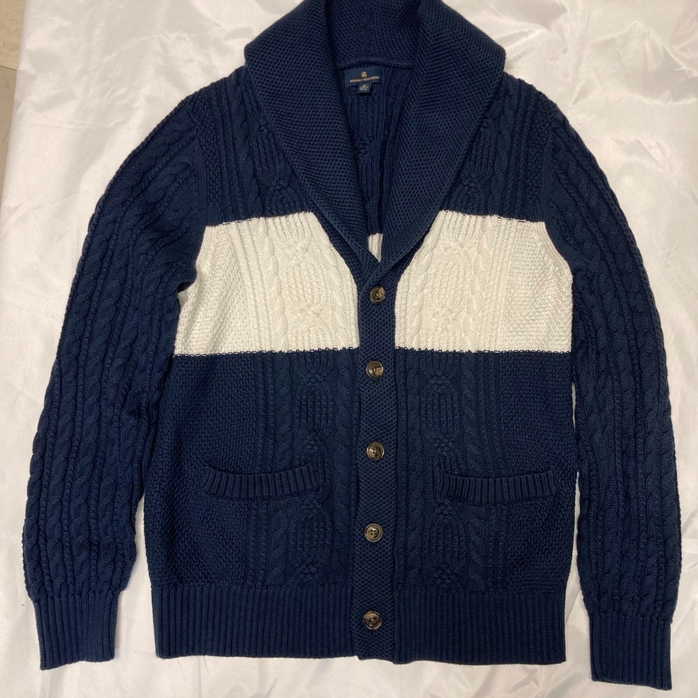 BROOKS BROS MEN’S MED. COTTON CABLE KNIT TENNIS NAVY/WHITE CARDIGAN SHAWL COLLAR